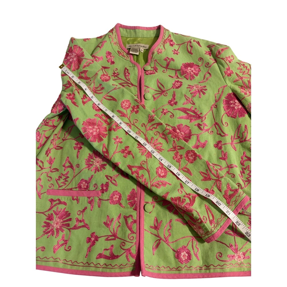 David Brooks Womens Linen Floral Embroidered Blazer Jacket Green Pink Size M - Picture 9 of 9